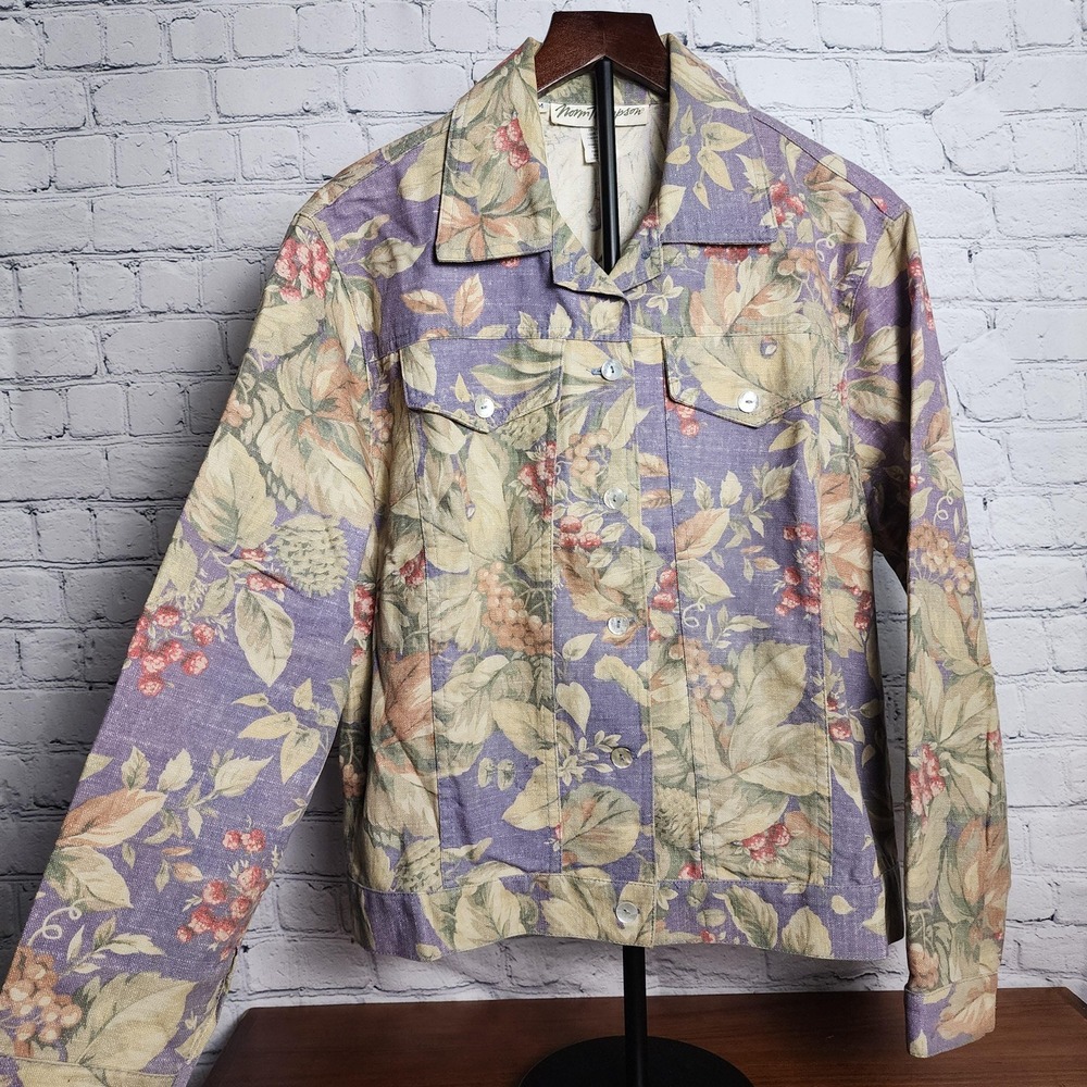 Norm Thompson Womens Medium Purple Green Floral Cotton Button Up Jacket Vintage